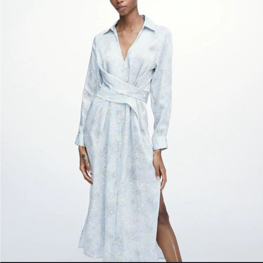 Zara Light Blue Floral Wrap Shirt Dress